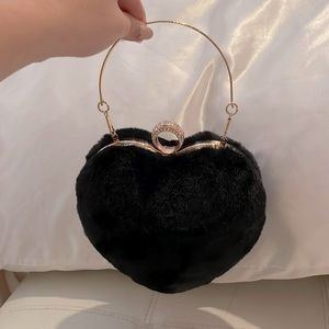 Black fur heart bag w chain strap